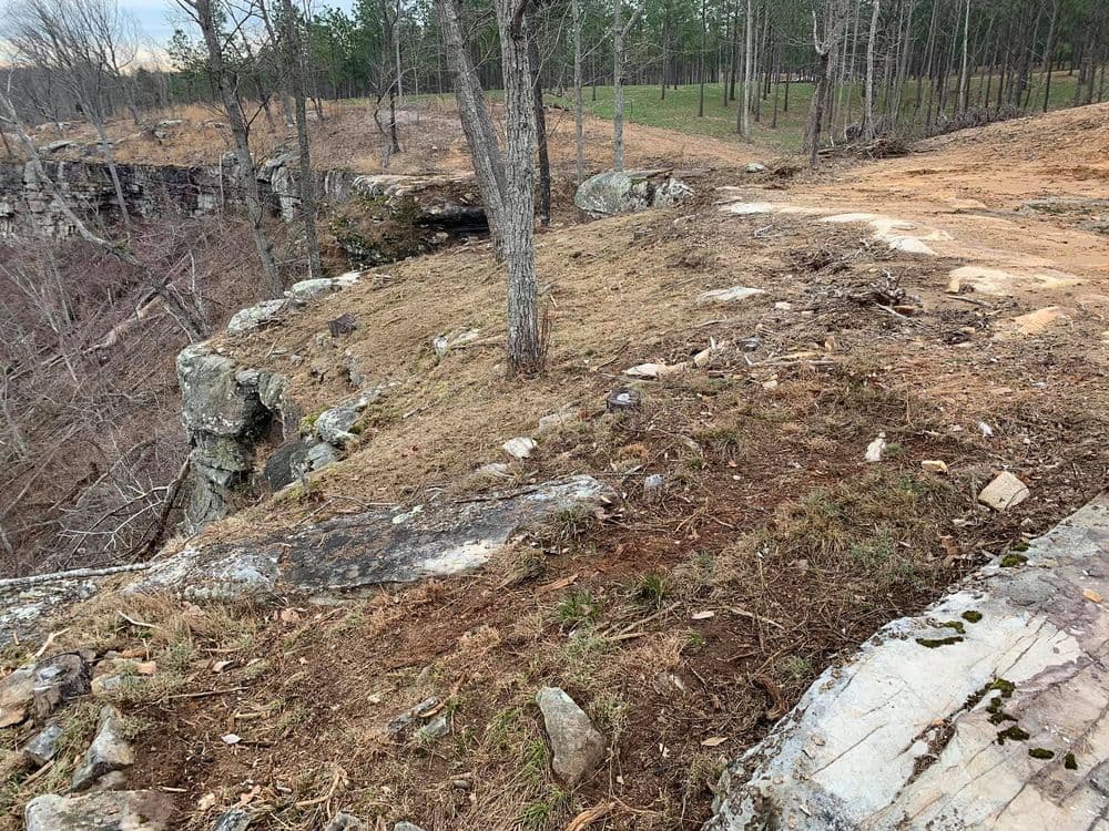 Rocky cliffside with sparse vegetation and trees, overlooking a wooded area and trail.